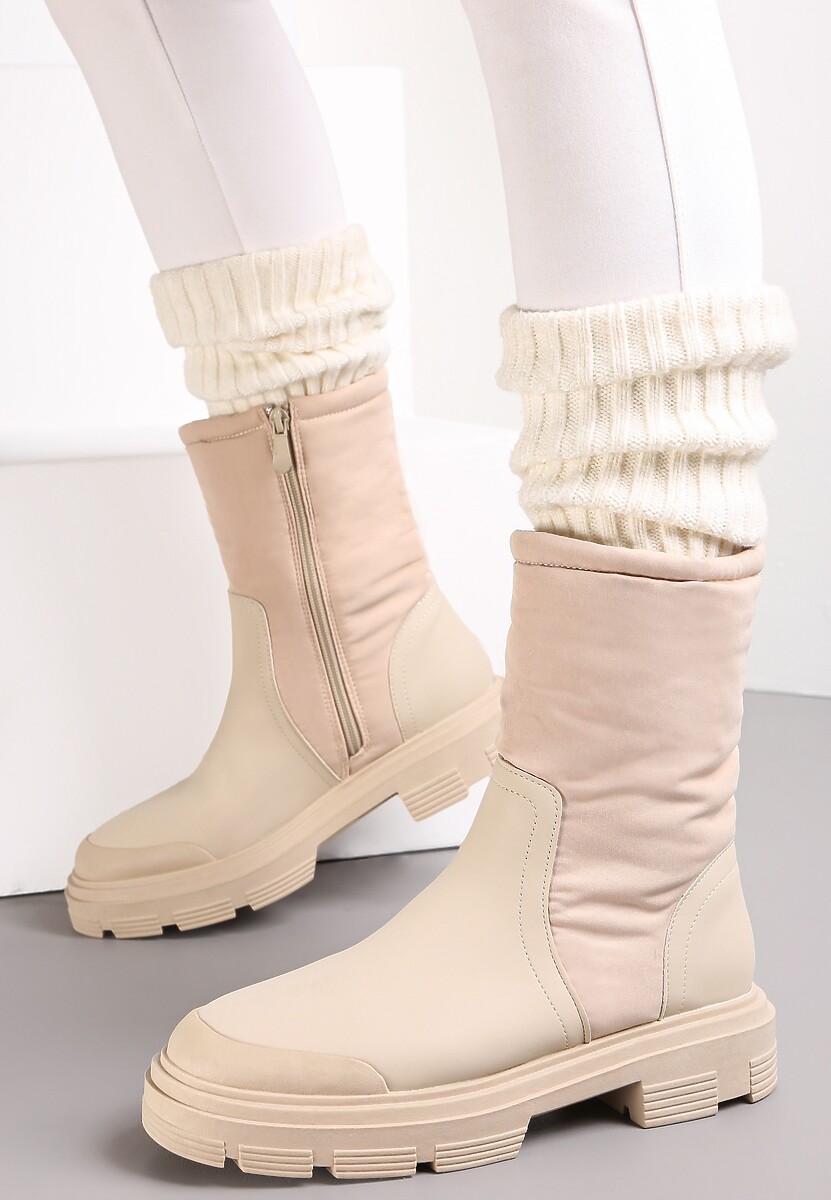 Beżowe Botki Sztyblety z Pikowaną Cholewką Fote
