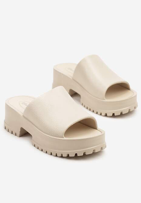 Beżowe Klapki na Platformie i Słupku z Tłoczeniem Nimiorelle