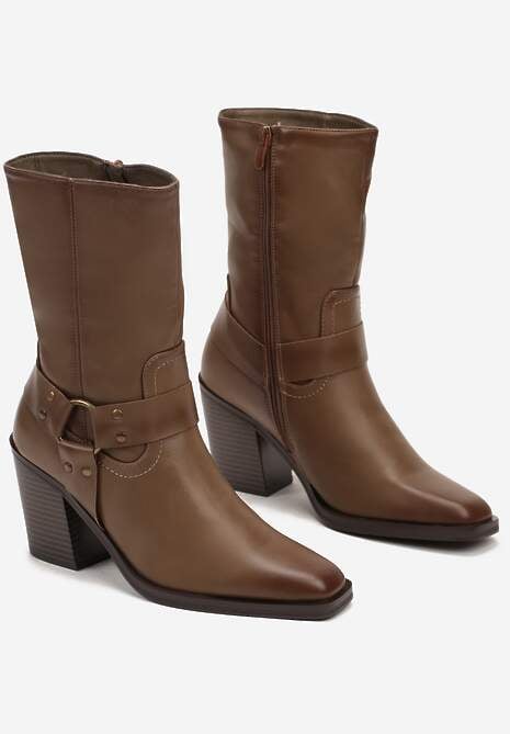 Ciemnobeżowe Ocieplane Botki na Stożkowym Obcasie z Ozdobną Klamrą Verinique