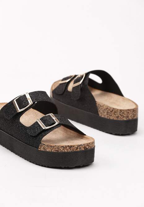 Czarne Klapki na Platformie z Korkową Wstawką i Klamrami Ozdobione Brokatem Sumeria