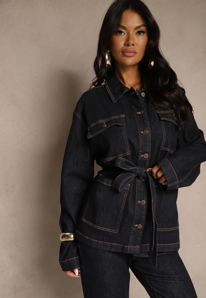 Granatowa Jeansowa Kurtka o Koszulowym Kroju z Wiązanym Paskiem Zennava