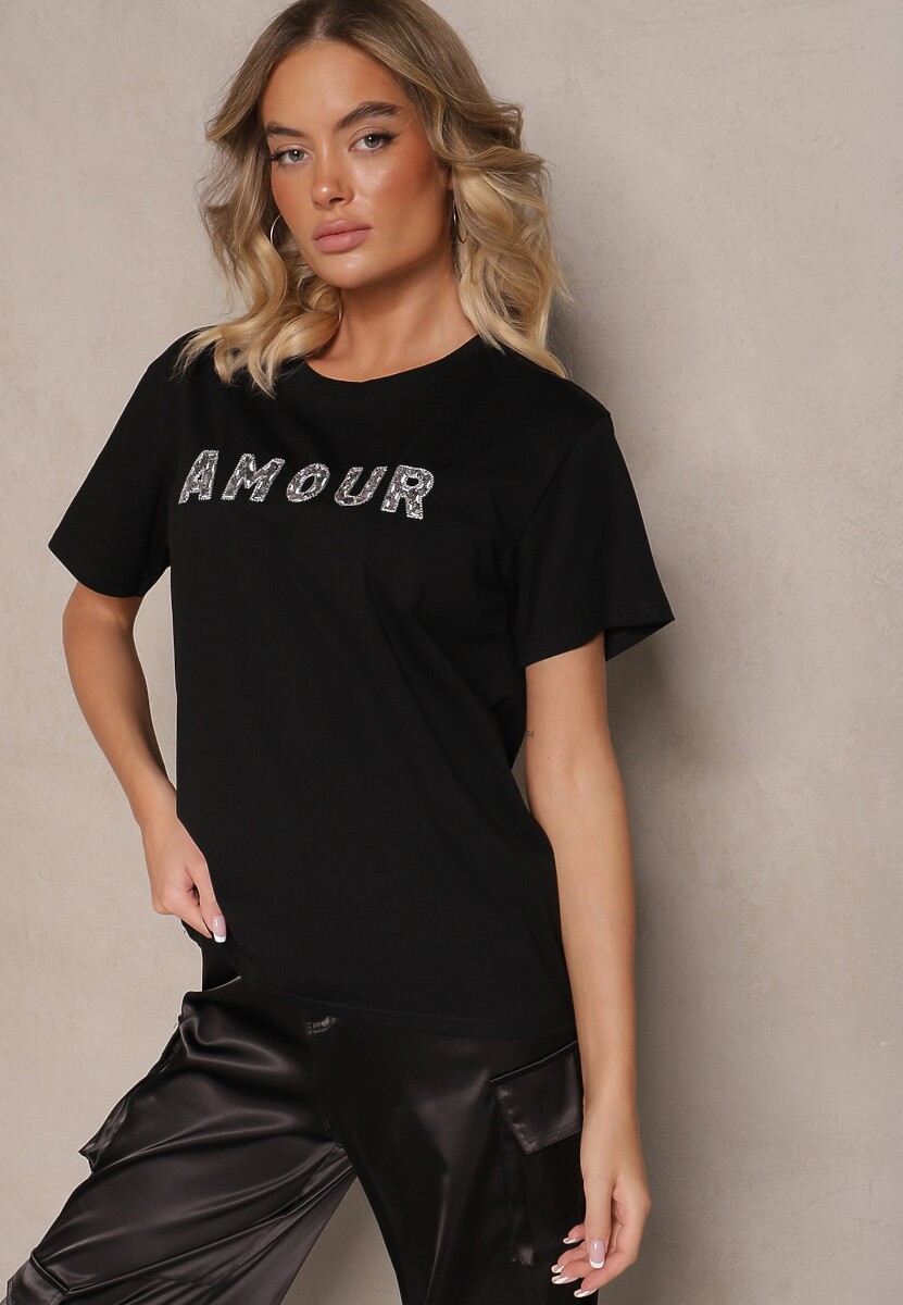 Biały Bawełniany T-shirt z Napisem z Cekinami Marivinna