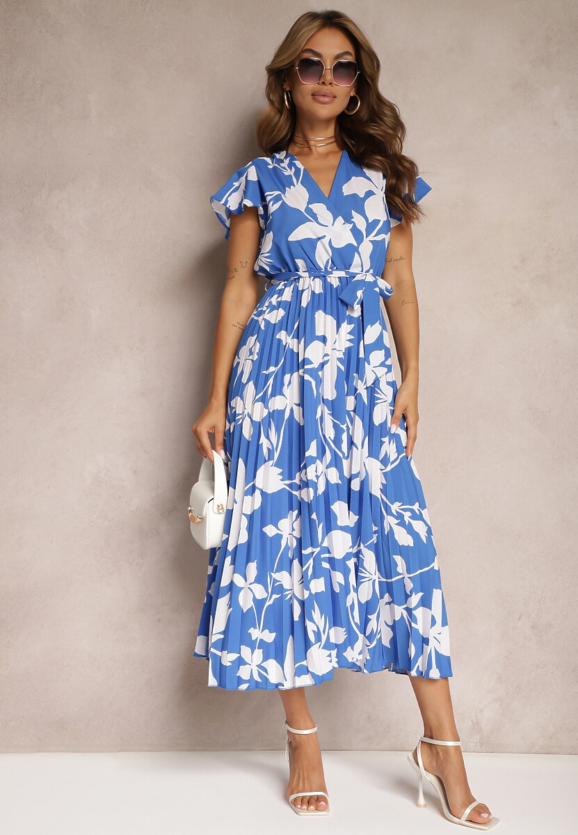 Niebiesko-Biała Sukienka z Kopertowym Dekoltem Plisowanym Dołem Wykończona w Talii Paskiem i Gumką Elsavia