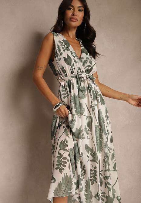 Zielona Sukienka z Wiskozą z Kopertowym Dekoltem i Wiązanym Paskiem Natisolve