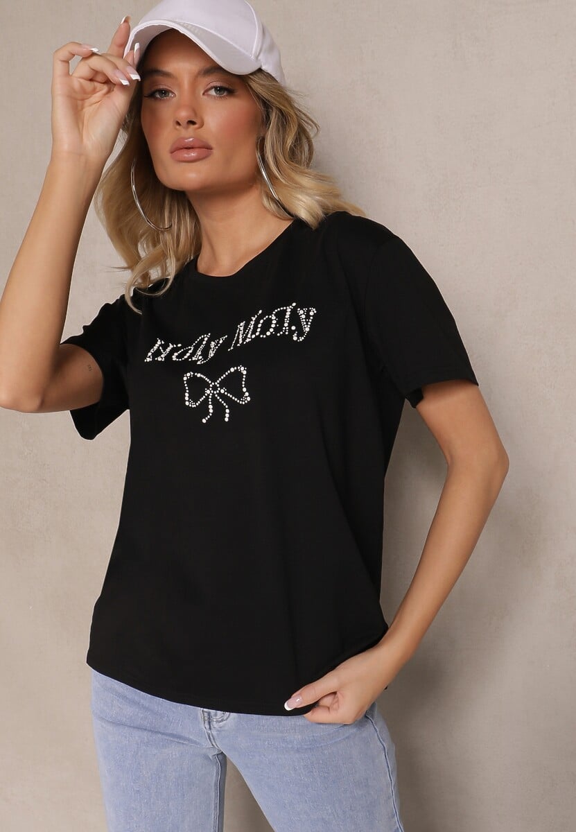 Czarna Bluzka z Bawełny Ozdobiona Kokardą i Napisem Nelanal