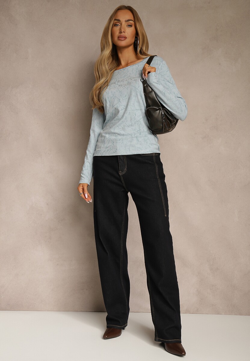 Niebieska Bluzka Longsleeve Ozdobiona Geometrycznym Motywem Uninessa