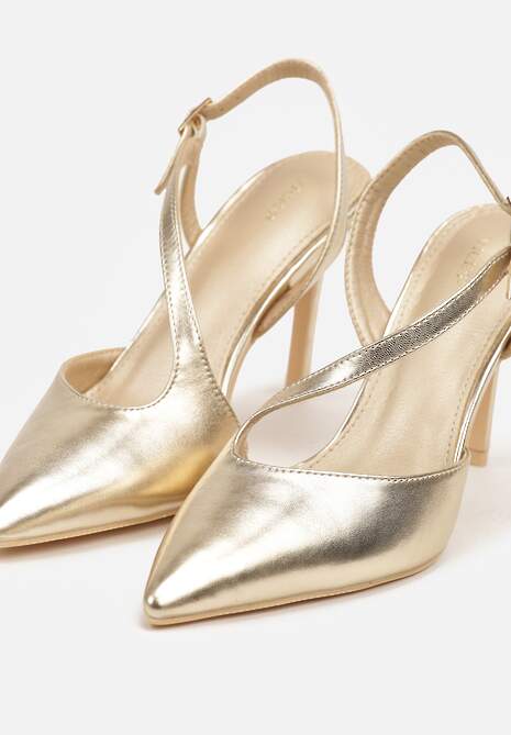 Złote Asymetryczne Sandały Vices na Obcasie ze Szpiczastym Noskiem Niriese