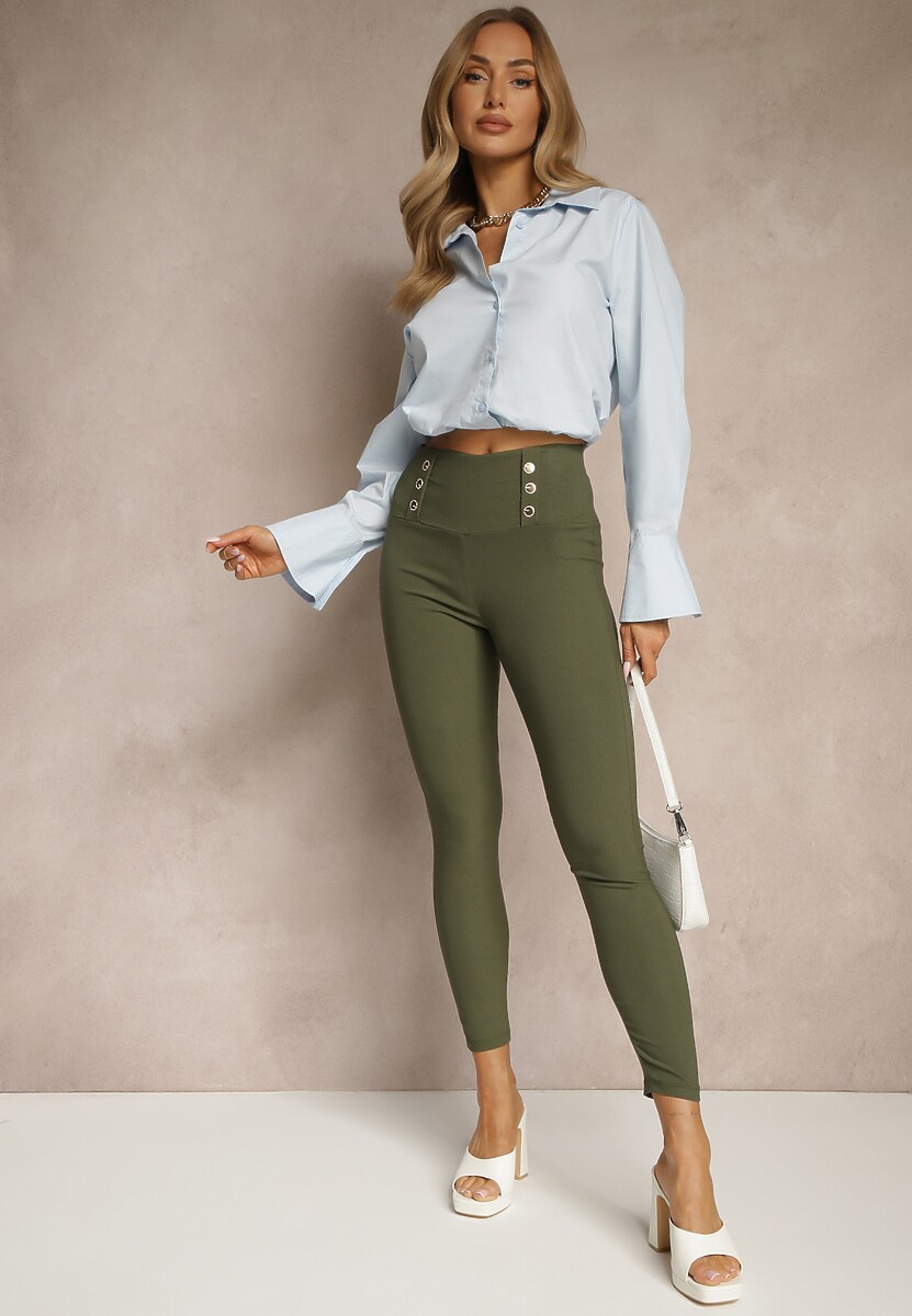 Ciemnozielone Legginsy High Waist z Ozdobnymi Guzikami Kolowenia
