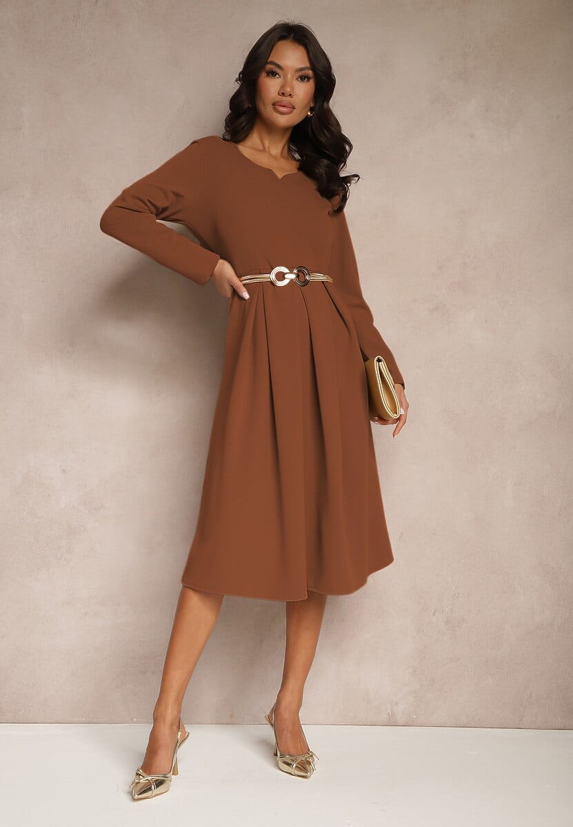 Brązowa Sukienka o Rozkloszowanym Kroju z Trójkątnym Dekoltem Temivara