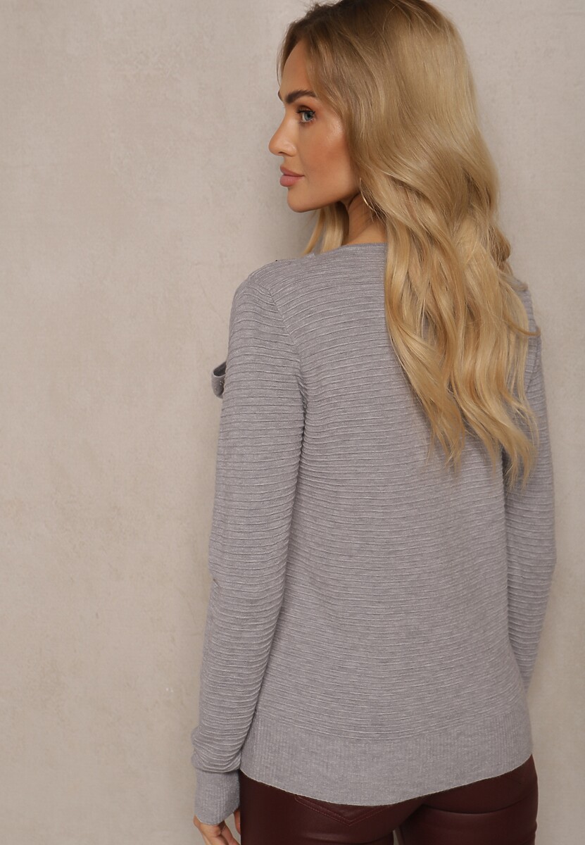 Ciemnoszary Sweter z Prążkowanej Dzianiny z Wiskozą Ozdobiony Cyrkoniami i Wiązaniem Tintorinae