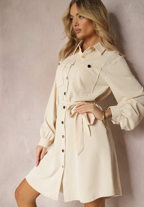 Beżowa Sukienka o Koszulowym Fasonie Utility z Bufiastymi Rękawami Wiązana w Pasie Emianna