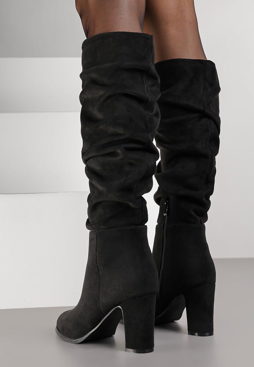 Czarne Kozaki na Słupku w Stylu Slouchy do Kolan Zeriza