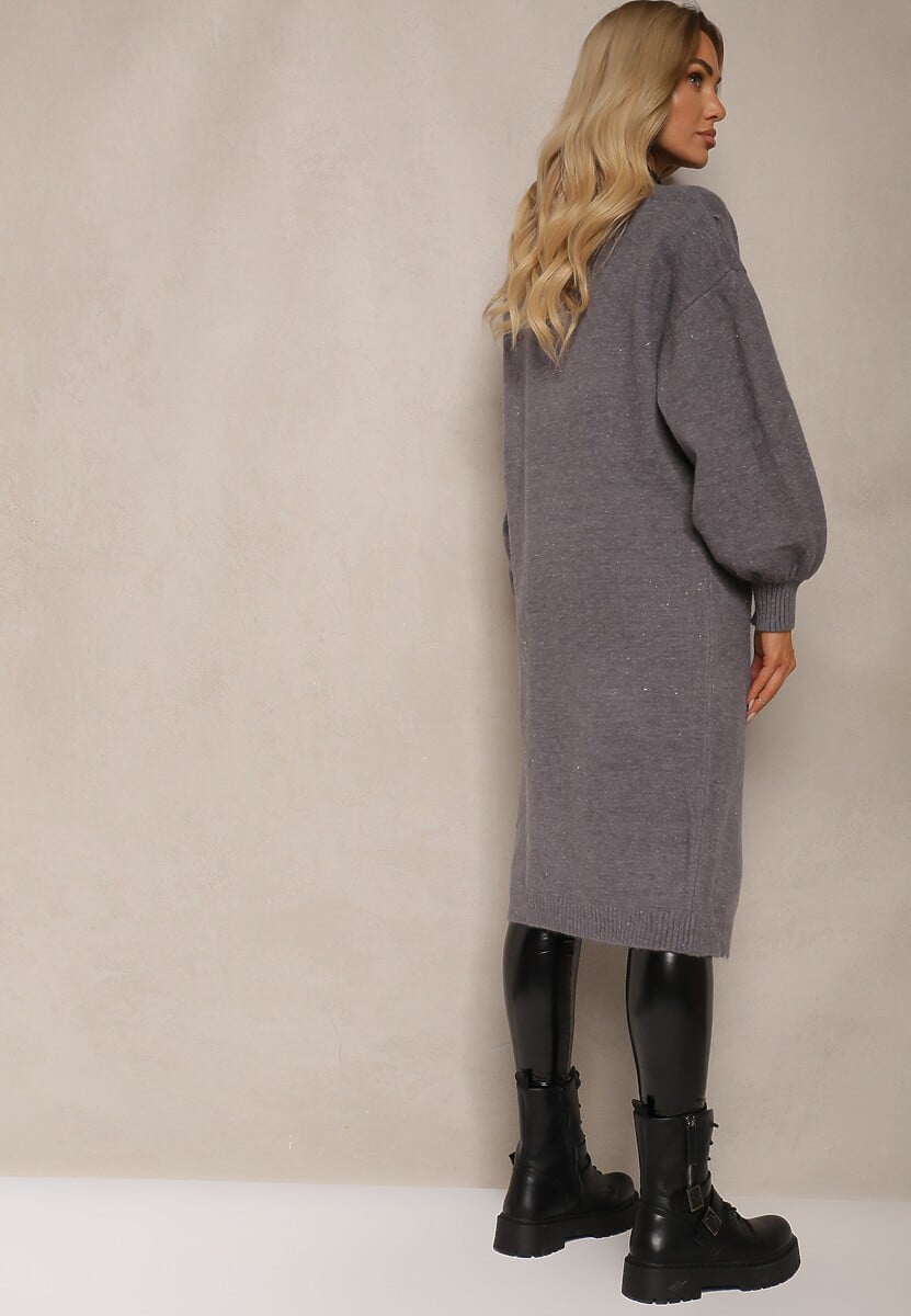 Szary Kardigan Niezapinany Ozdobiony Metaliczną Nicią Aerira