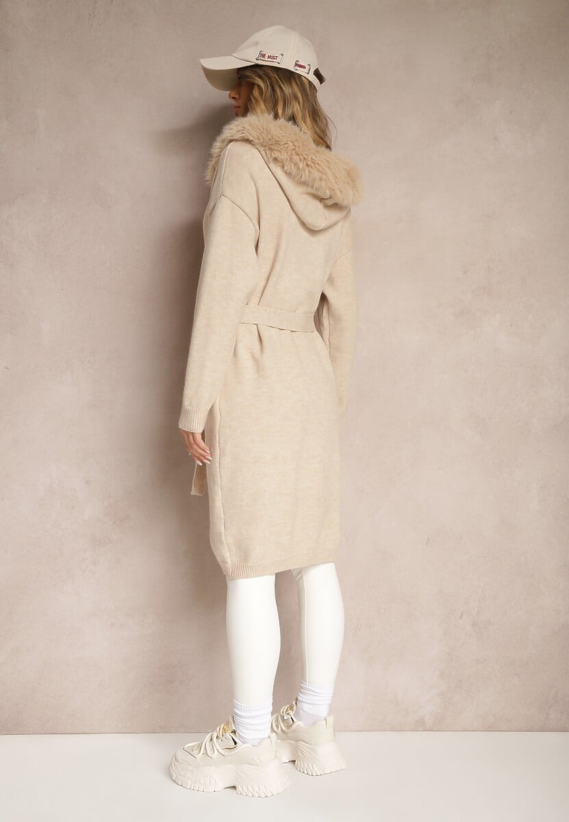 Beżowy Kardigan z Wełną Wiązany w Pasie z Kapturem z Odpinanym Futerkiem Besiyana