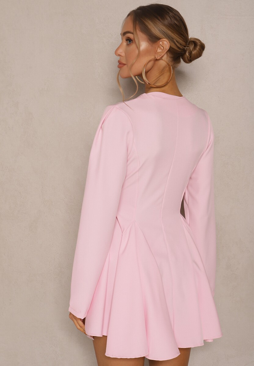 Różowa Rozkloszowana Sukienka o Fasonie Marynarki z Ozdobnymi Guzikami Florlio