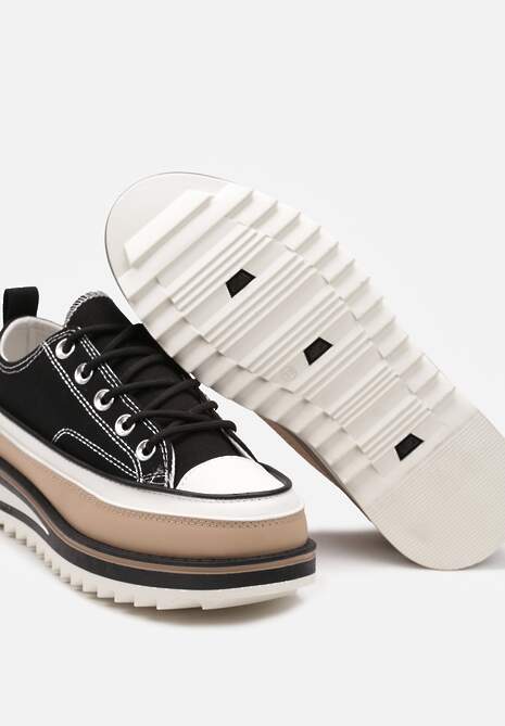 Czarne Trampki na Ozdobnej Platformie ze Sznurowaniem Moonoria