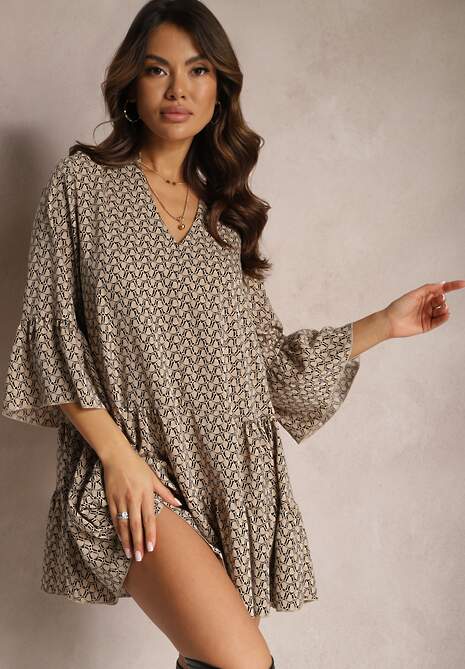 Brązowa Sukienka Mini o Rozkloszowanym Fasonie z Trójkątnym Dekoltem i Falbanką Todirra