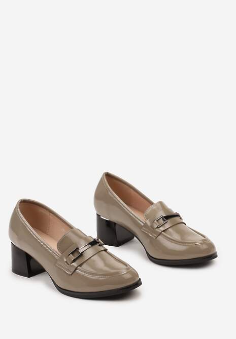 Szare Lakierowane Półbuty ze Skórzaną Wkładką na Słupku z Metalową Klamrą Fondaria