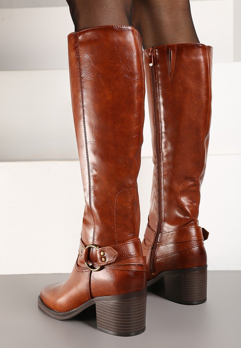 Brązowe Kozaki na Obcasie w Stylu Bikerów z Okrągłą Klamrą Eziella