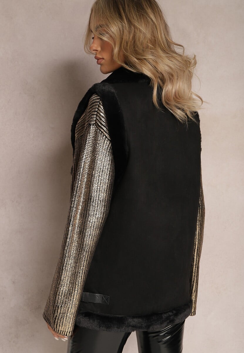 Czarna Kamizelka Bezrękawnik z Asymetrycznym Zapięciem i Futerkiem Sadarra