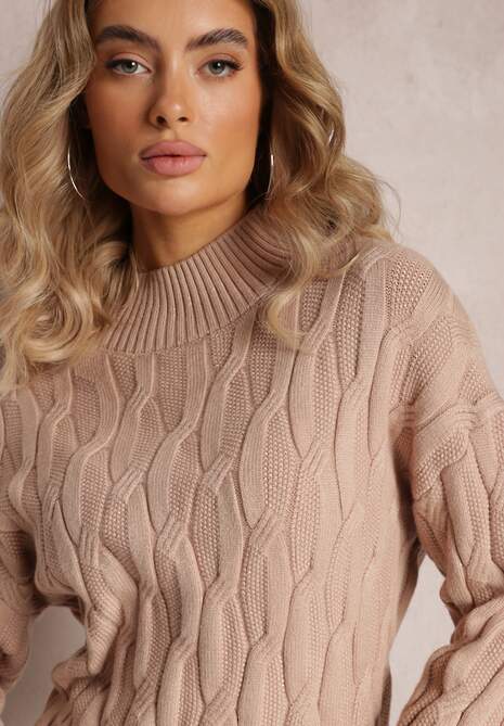 Beżowy Golf o Klasycznym Fasonie z Modnym Splotem i Ściągaczami Franka