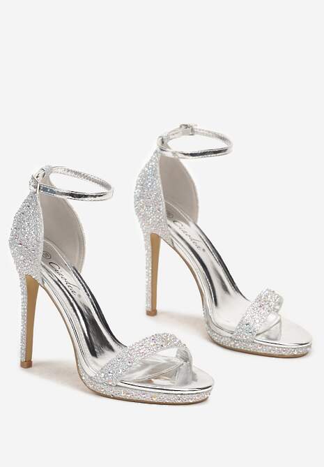 Srebrne Klasyczne Sandały na Obcasie z Paseczkiem wokół Kostki Ozdobione Cyrkoniami i Brokatem Ezilya