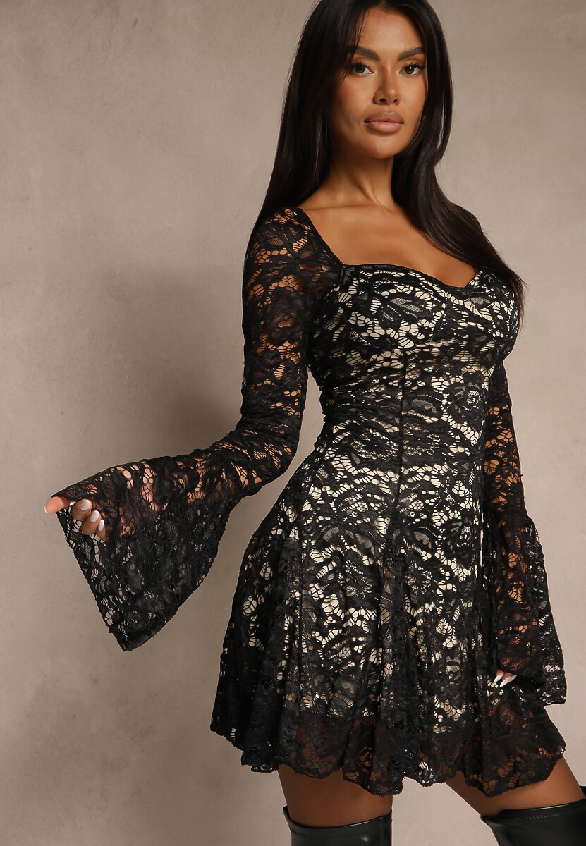 Czarno-Różowa Gorsetowa Rozkloszowana Sukienka Koktajlowa z Koronką Leanirwen