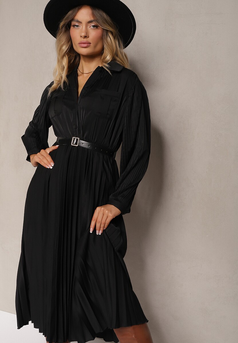Czarna Rozkloszowana Sukienka Midi z Guzikami i Paskiem Ozdobiona Plisowaniem Lathori