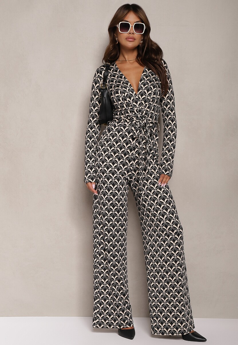 Brązowy Kombinezon z Mozaikowym Wzorem z Dekoltem w Serek i Paskiem Inafil