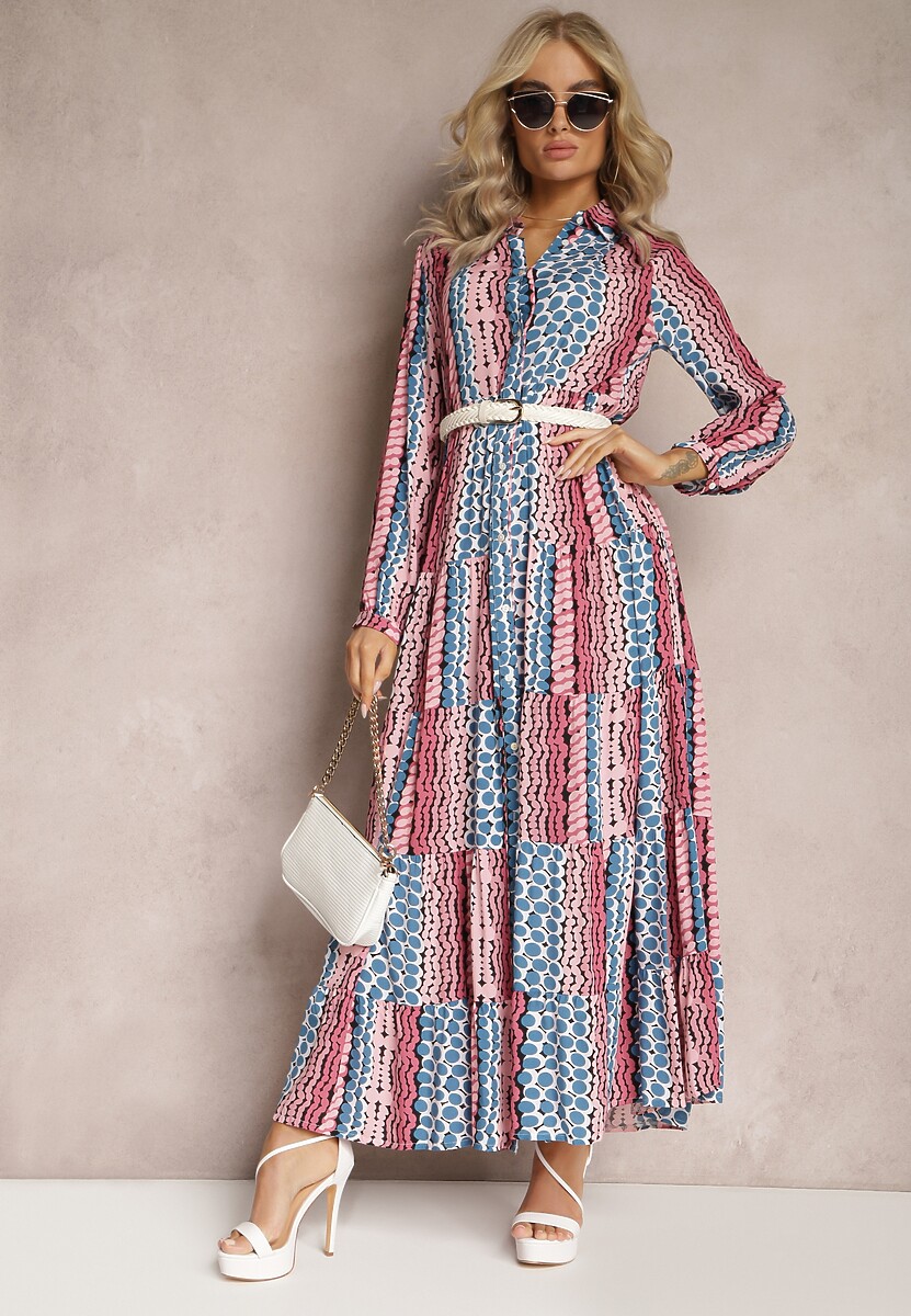 Niebiesko-Różowa Sukienka Maxi o Koszulowym Fasonie Vender