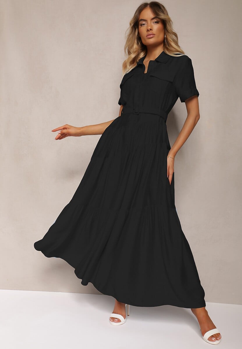 Czarna Rozkloszowana Sukienka z Paskiem w Talii Vimalise