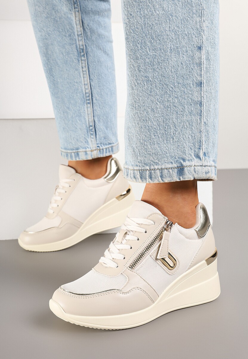 Beżowe Sneakersy na Koturnie z Ozdobnym Zamkiem Błyskawicznym Hanarael