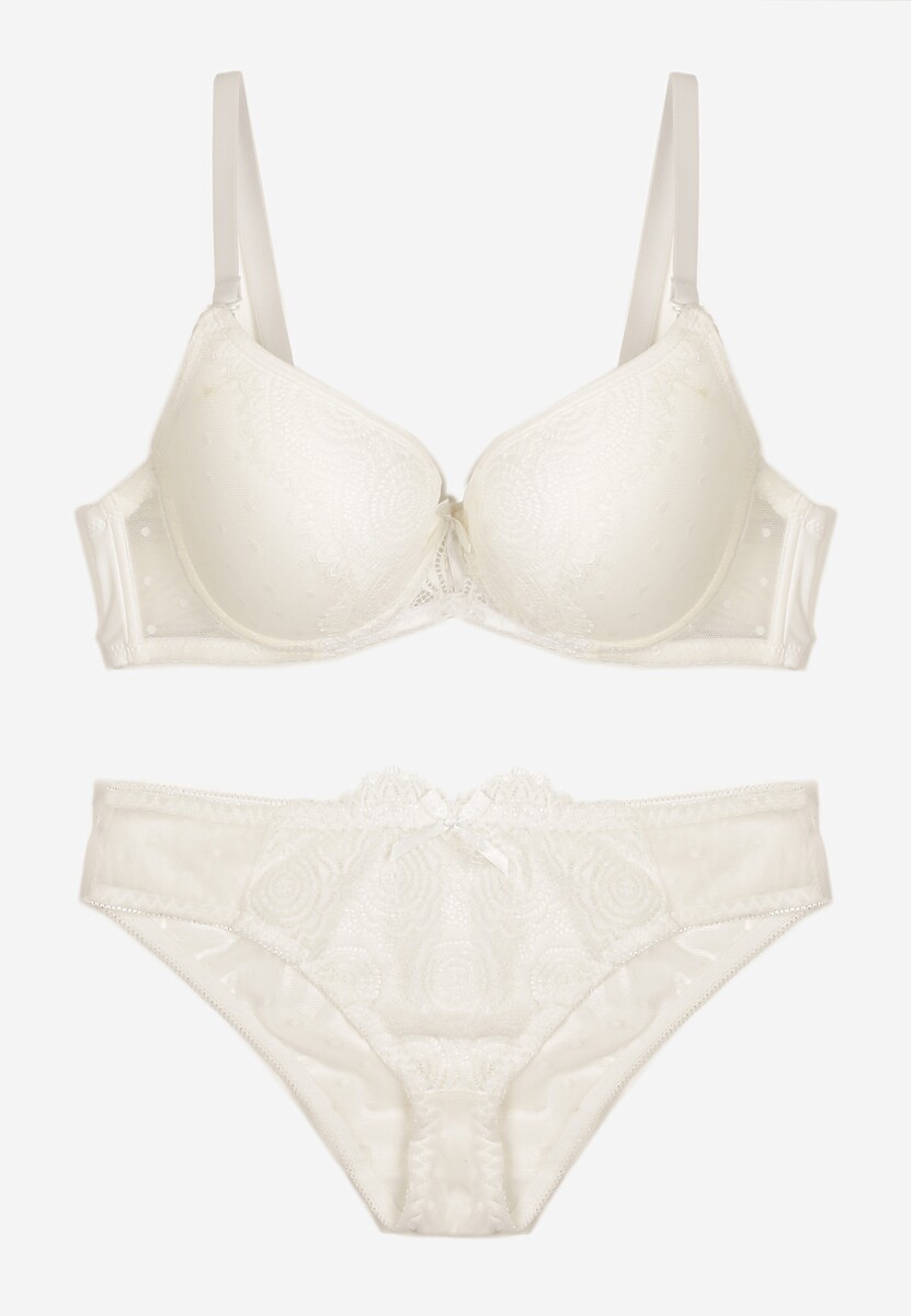 Jasnobeżowy Komplet z Koronką Figi i Usztywniany Biustonosz z Kokardami Iridorea