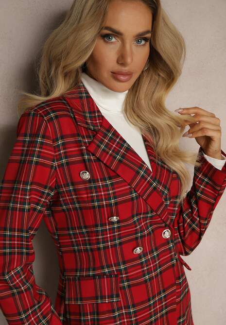 Czerwona Taliowana Marynarka Dwurzędowa z Wiskozą w Kratę Deliane