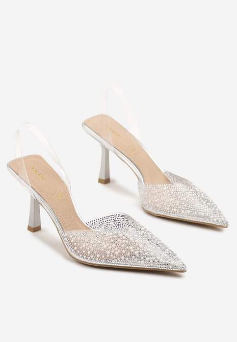 Srebrne Sandały Vices na Szpilce Slingback ze Skórzaną Wkładką i Cyrkoniami Ovifa