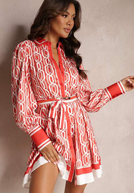 Pomarańczowa Koszulowa Sukienka Mini o Rozkloszowanym Kroju z Paskiem Launge