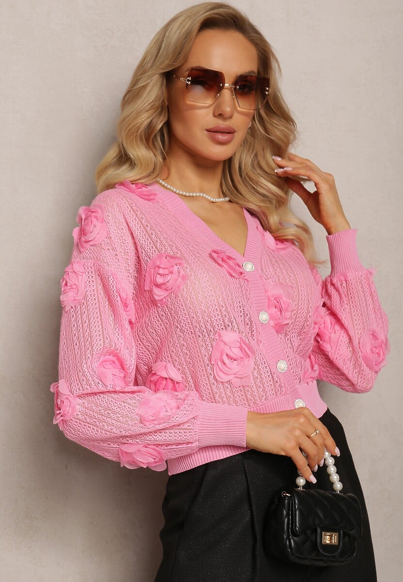 Różowy Kardigan z Ażurowym Zdobieniem w Kwiaty Barimona