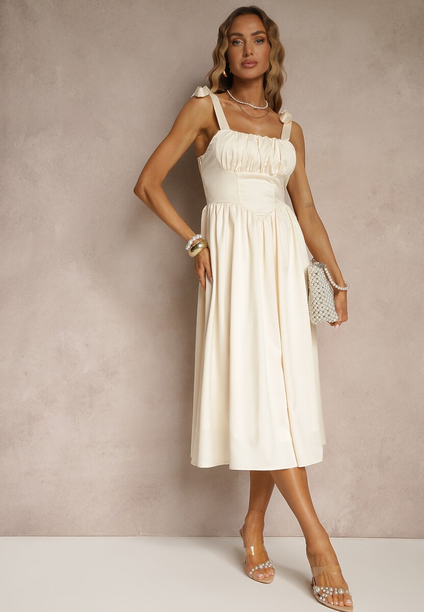 Jasnobeżowa Sukienka Vices o Rozkloszowanym Kroju z Wiązanymi Ramiączkami Natirise