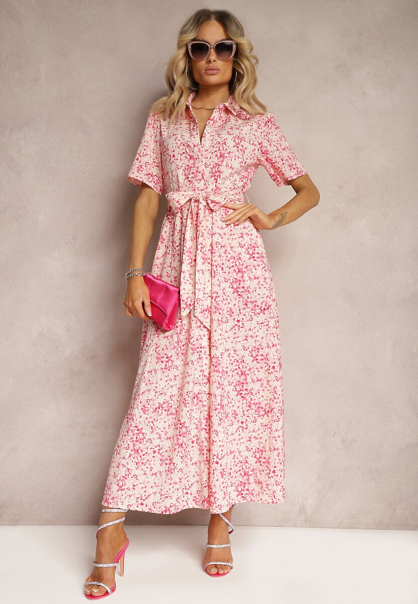 Różowa Sukienka o Koszulowym Kroju w Kwiaty z Materiałowym Paskiem Freria