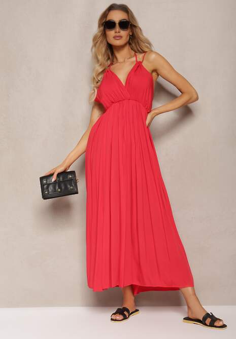 Czerwona Sukienka z Wiskozy o Rozkloszowanym Kroju Wiązana na Szyi i Plecach Grines