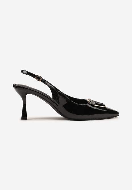 Czarne Czółenka Sandały na Szpilce Vices Slingback Lakierowane z Ozdobą Ataloria