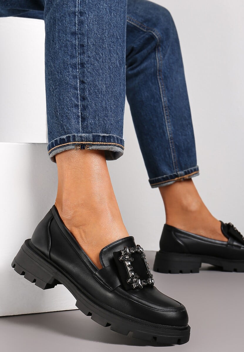 Czarne Mokasyny z Wkładką ze Skóry Naturalnej Dumie