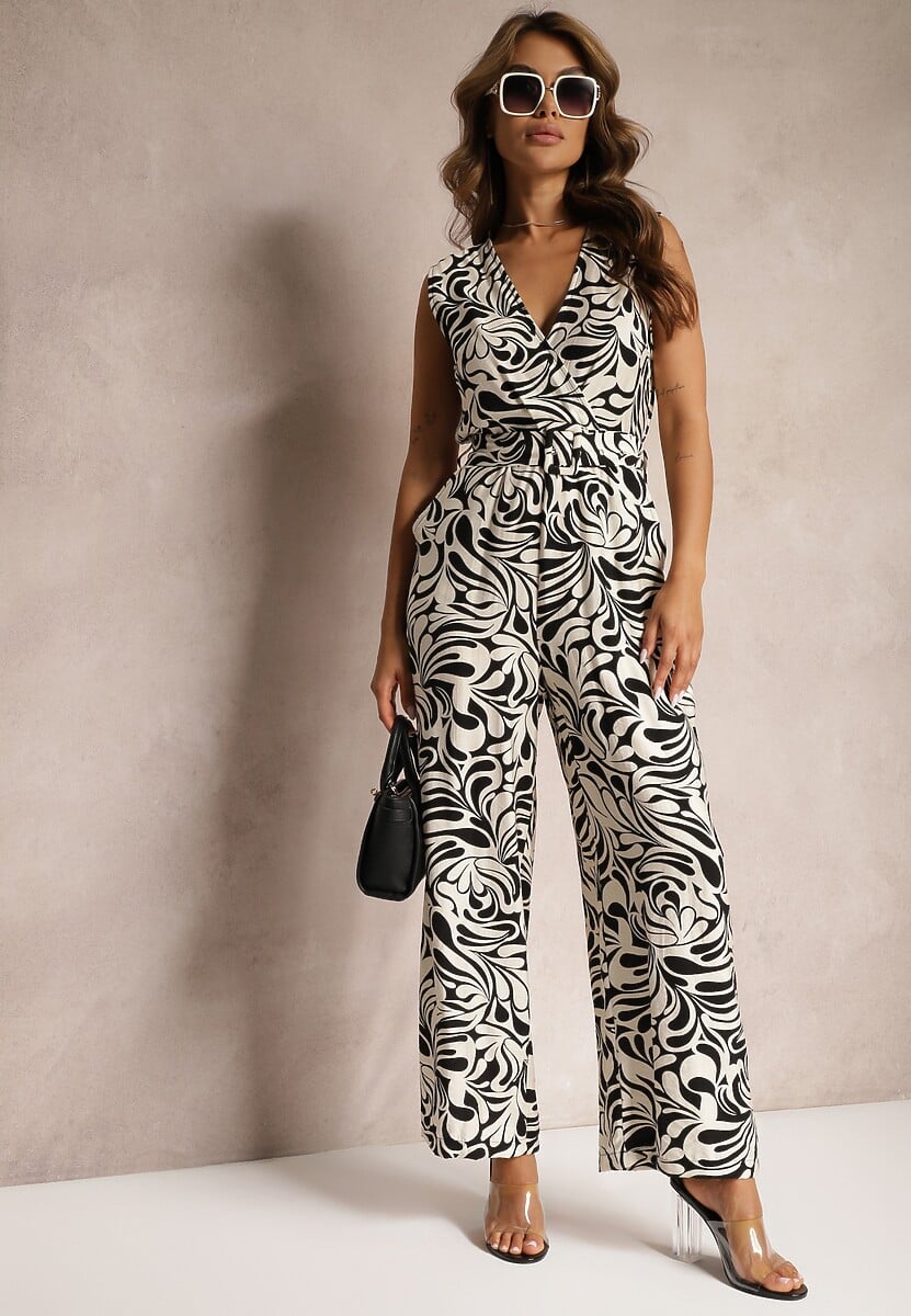 Beżowy Kopertowy Kombinezon bez Rękawów z Długimi Nogawkami Yadia