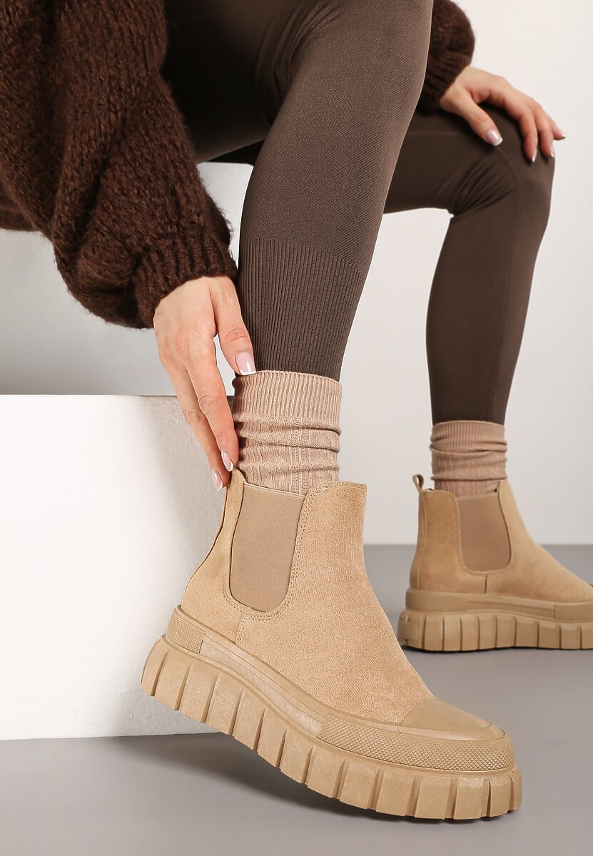 Beżowe Botki Sztylety za Kostkę na Platformie Divit