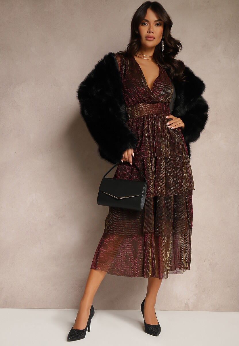 Bordowa Sukienka Błyszcząca z Falbanami i Transparentnym Rękawem Halose