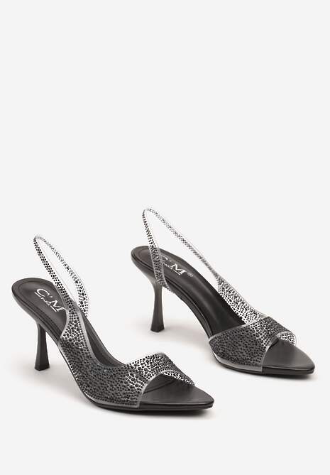Czarne Sandały na Niskiej Szpilce z Otwartym Noskiem Zdobione Cyrkoniami Rialiana
