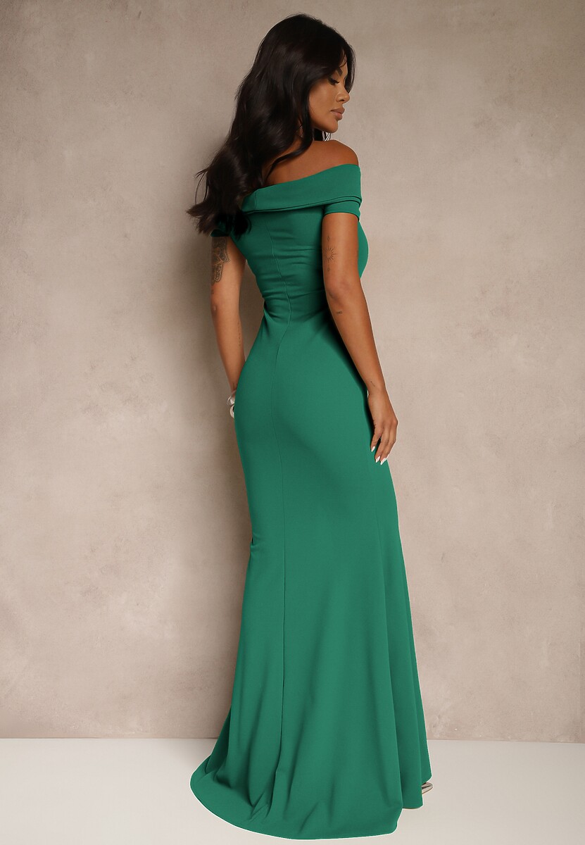 Zielona Sukienka Koktajlowa Typu Hiszpanka z Rozcięciem na Nogę Hallomea