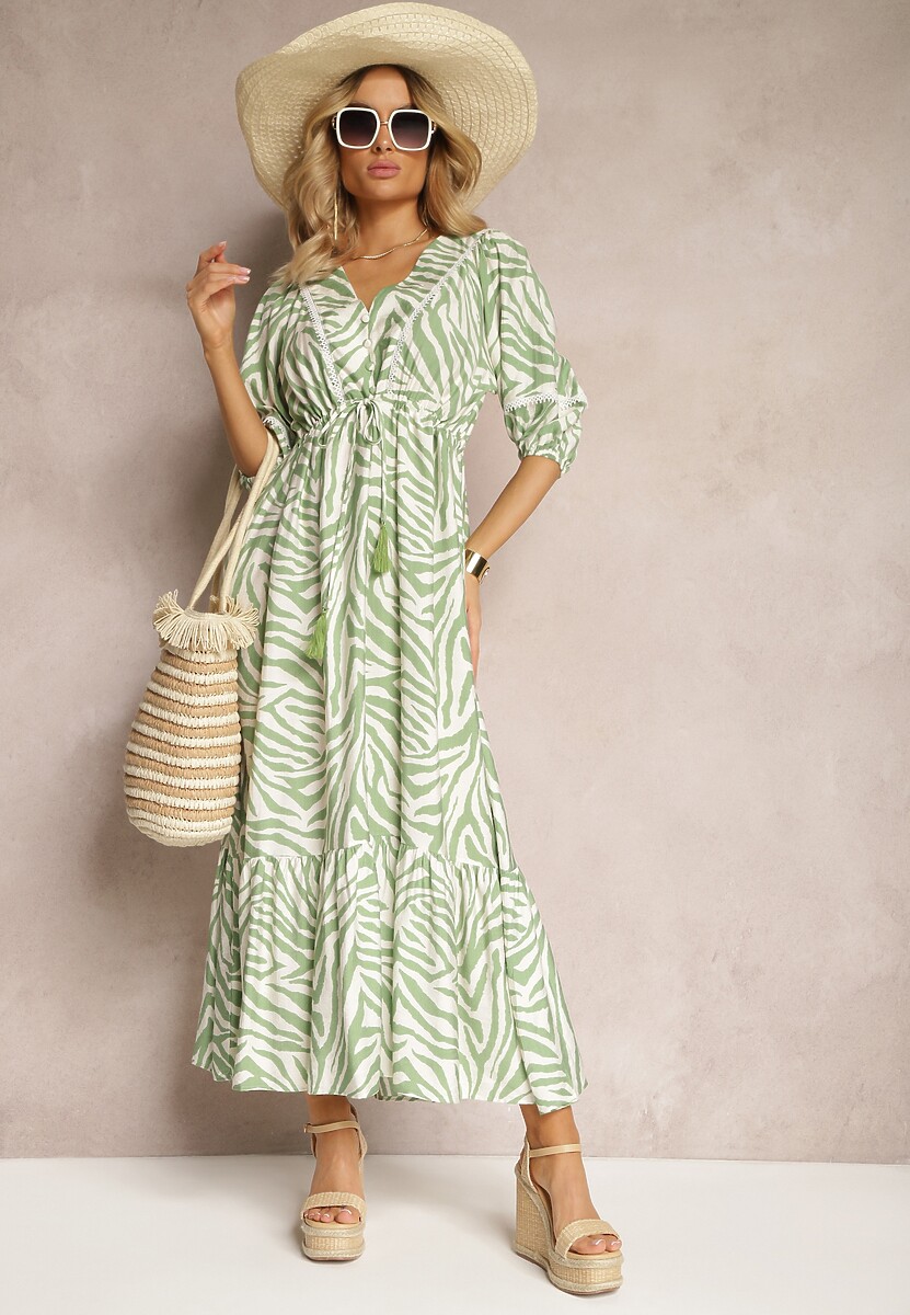 Jasnozielona Sukienka z Wiskozy i Bawełny Ozdobiona Falbaną i Sznurkiem w Pasie Vantia