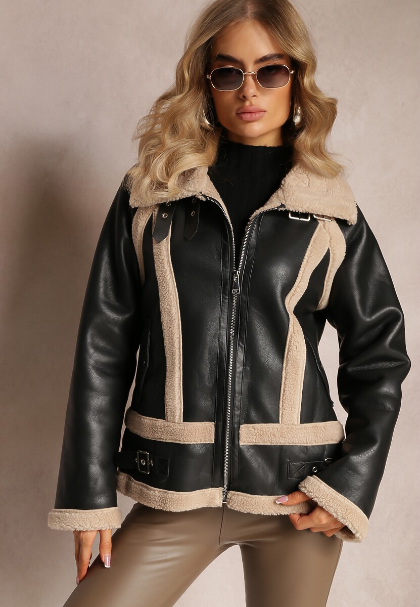 Czarna Kurtka Biker z Imitacji Skóry i Kożuszkiem Nilos