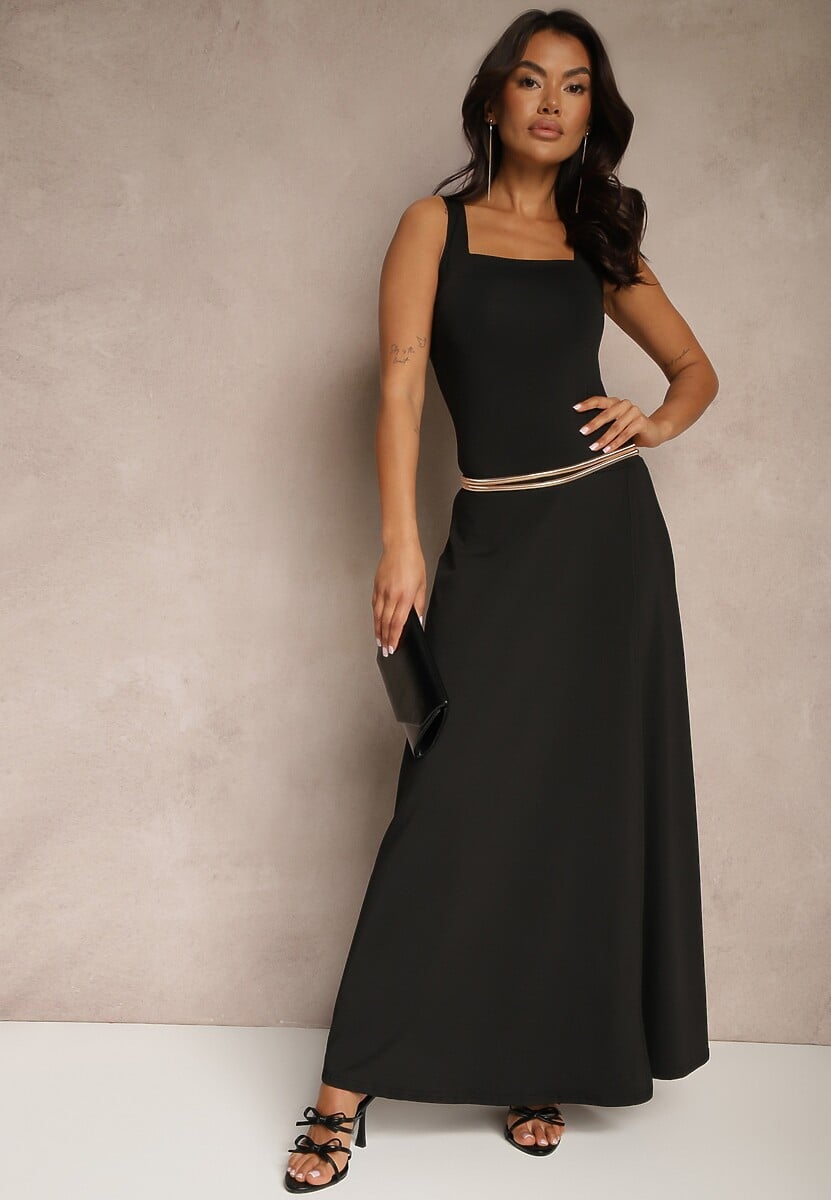 Czarna Sukienka z Dopasowaną Górą i Rozkloszowanym Dołem Bez Rękawów Aspafle